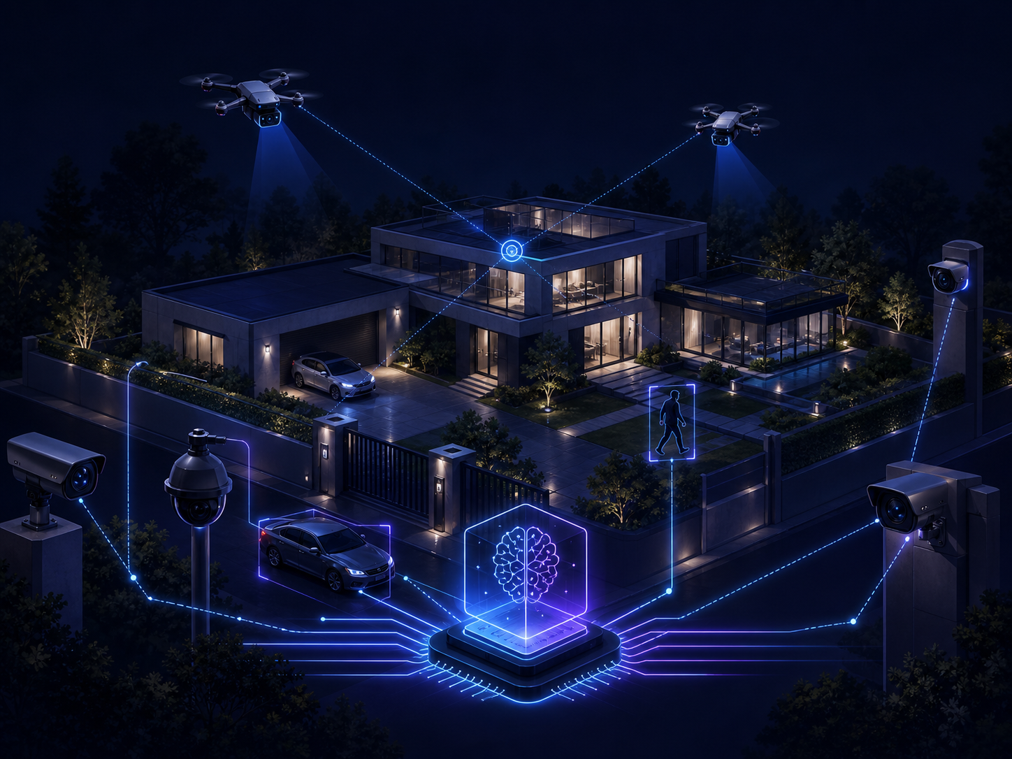 A conceptual AI safety network monitoring a modern environment with cameras, drones, and intelligent detection